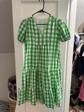 English Factory Green and White Gingham Tiered midi Dress